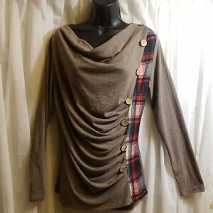 Unique Light Brown Cowl Neck Top with Plaid Panel Accent